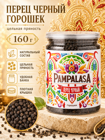Перец черный горошек, натуральный, 160 грамм, Pampalasa Перец черный горошек, натуральный, 160 грамм, Pampalasa
